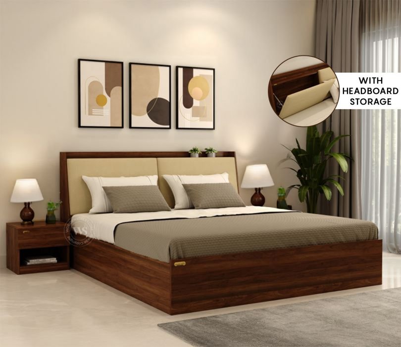 Calmora Engineered Wood Bed with Upholstered Headboard