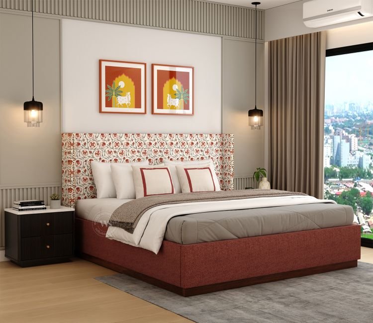 Kesarth Luxe Fabric Bed with High Rise Headboard & Storage (King Size, Red Upholstery)