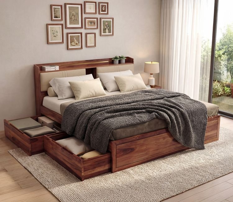 Wildon Premium Sheesham Wood Bed with Cushioned Headboard and Drawer Storage (King Size, Teak Finish)